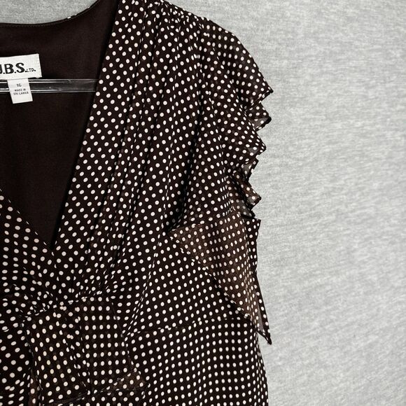 VTG J.B.S. LTD Brown Polka Dot Dress V-neck Butterfly Sleeves Size XL 16 - Picture 5 of 6